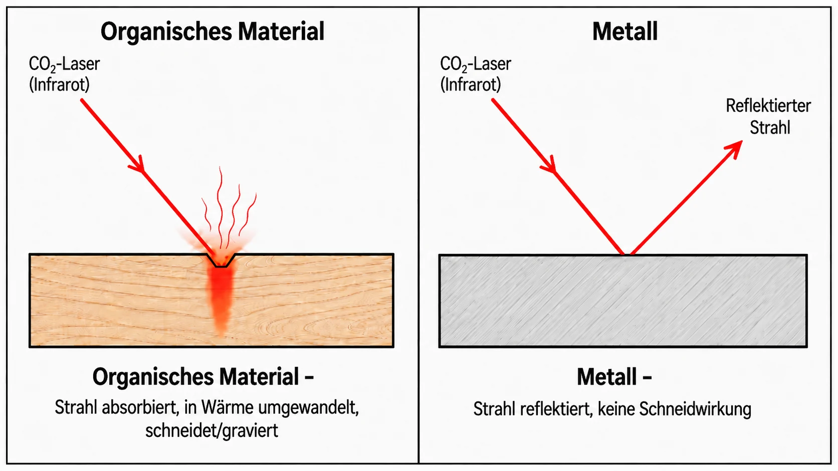 Diagramm zum Vergleich der Absorption eines CO2-Laserstrahls bei organischen Materialien und der Reflexion an Metalloberfl&auml;chen